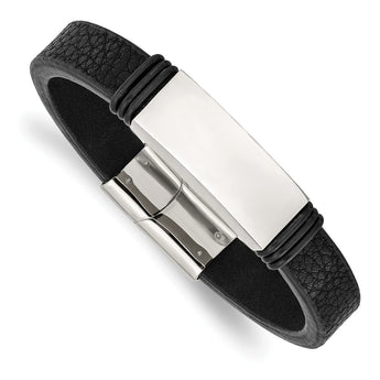 Stainless Steel Polished Black Rubber and Leather 8.5in ID Bracelet