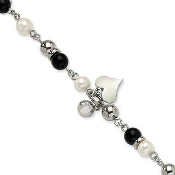 Stainless Steel Onyx/FW Cultured Pearl/Crystal 8in Bracelet