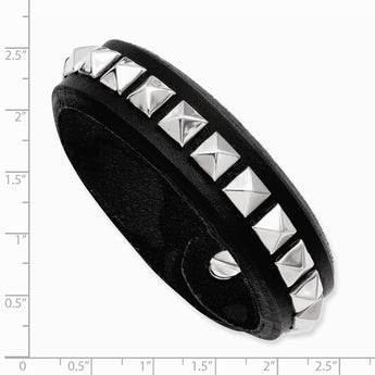 Stainless Steel Black Leather w/Studs 7.75in Adjustable Bracelet