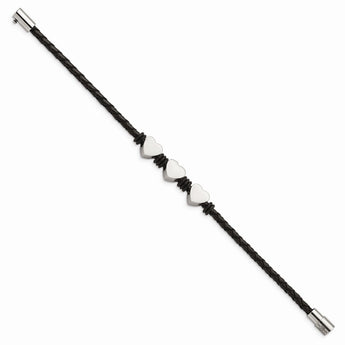 Stainless Steel Black Leather w/Polished Hearts 7.5in Bracelet