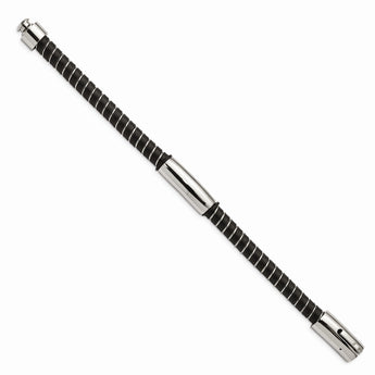 Stainless Steel Black Leather 8.75in Bracelet