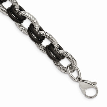 Stainless Steel Textured & Black Rubber 9in Bracelet