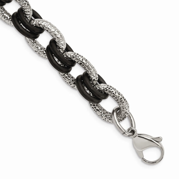Stainless Steel Textured & Black Rubber 9in Bracelet
