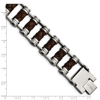 Stainless Steel Brown Leather 8.75in Bracelet