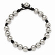 Stainless Steel Polished Beads & Black Fabric 7.5in Bracelet