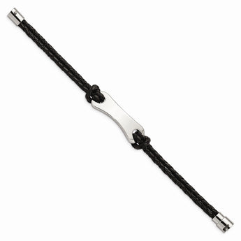 Stainless Steel Black Leather 8in Bracelet