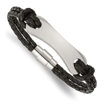 Stainless Steel Black Leather 8in Bracelet