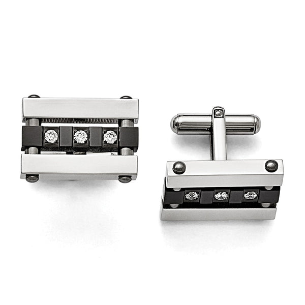 Stainless Steel Brushed CZ Black IP-plated Polished Cufflinks