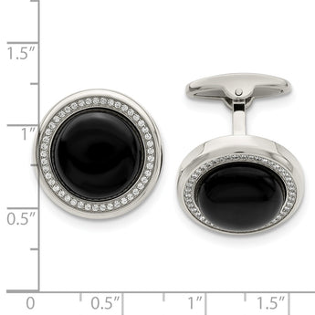 Stainless Steel Polished with CZ and Onyx Circle Cufflinks