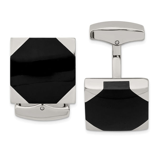 Stainless Steel Polished Black Rubber Square Cufflinks
