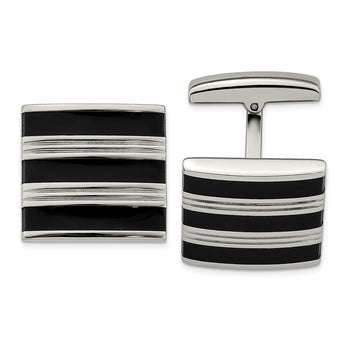 Stainless Steel Polished Grooved Black Rubber Stripes Cufflinks