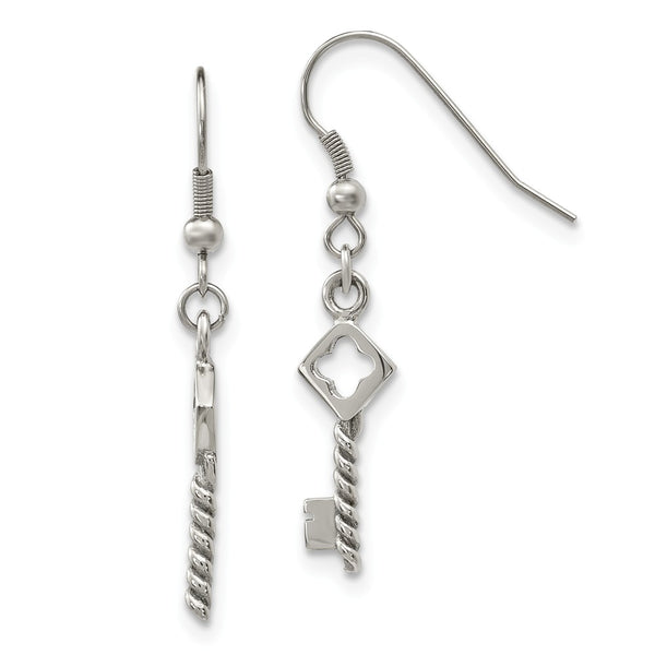 Stainless Steel Polished Key Dangle Shepherd Hook Earrings