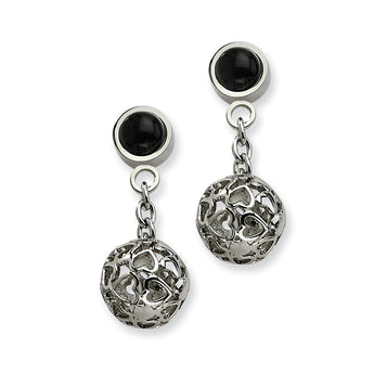 Stainless Steel Heart Cutouts Puffed Circle w/ Onyx Post Dangle Earrings