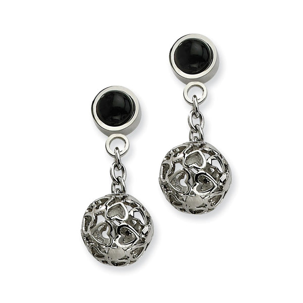 Stainless Steel Heart Cutouts Puffed Circle w/ Onyx Post Dangle Earrings