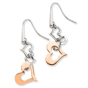 Stainless Steel Polished & Rose PVD-plated Heart Dangle Earrings