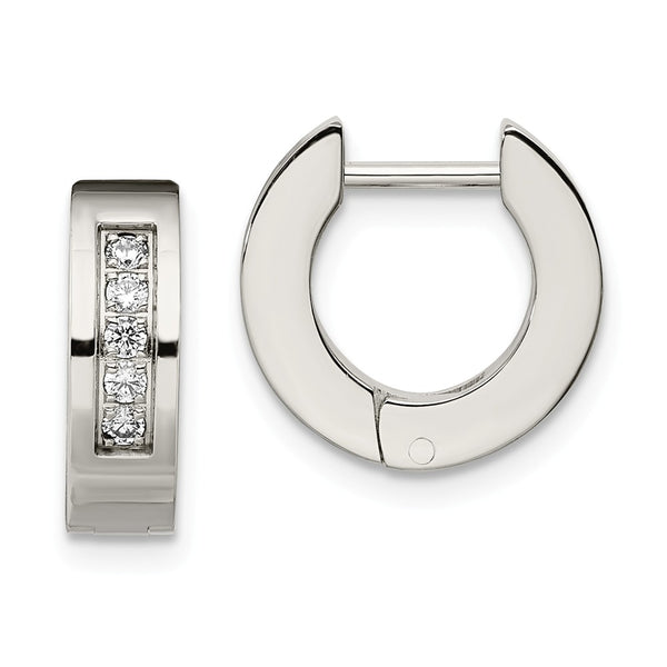 Stainless Steel CZ Polished Round Hinged Hoop Earrings