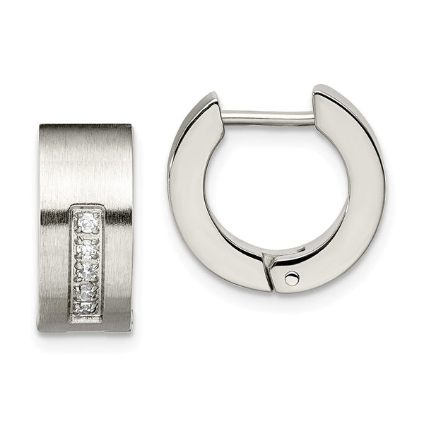 Stainless Steel CZ Brushed & Polished Hinged Hoop Earrings
