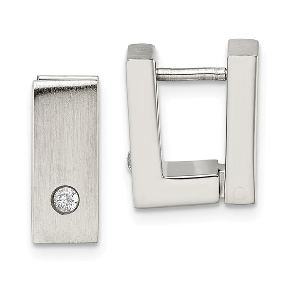 Stainless Steel CZ Brushed & Polished Hinged Square Hoop Earrings