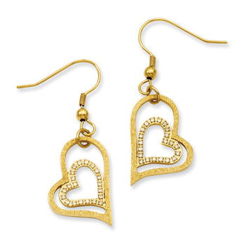 Stainless Steel Yellow IP-plated Laser-cut Heart w/CZs Dangle Earrings