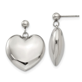 Stainless Steel Polished Puff Heart Post Dangle Earrings