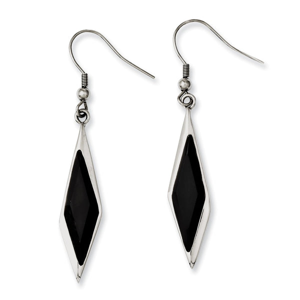 Stainless Steel Black Glass Polished Fancy Dangle Earrings