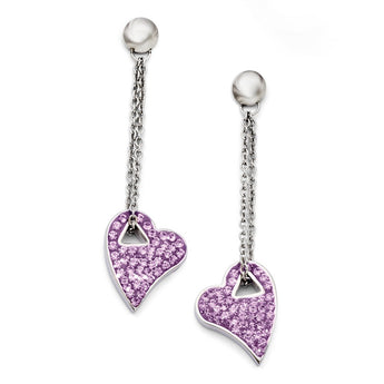 Stainless Steel Light Purple Crystal Post Dangle Heart Earrings