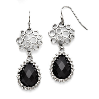 Stainless Steel Black Onyx Shepherd Hook Teardrop Earrings