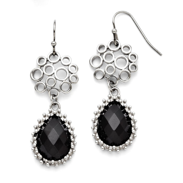 Stainless Steel Black Onyx Shepherd Hook Teardrop Earrings