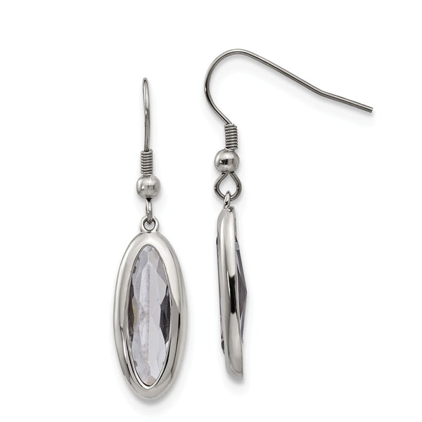 Stainless Steel Polished Glass Oval Shepherd Hook Dangle Earrings