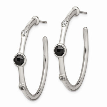 Stainless Steel Polished Black Onyx/CZ Post Hoop Earrings