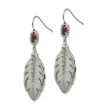 Stainless Steel Polished Smoky Quartz Feather Earrings