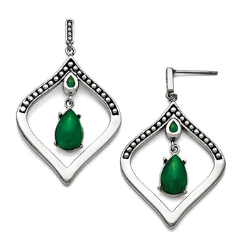 Stainless Steel Polished and Antiqued Synthetic Dyed Jade Post Earrings