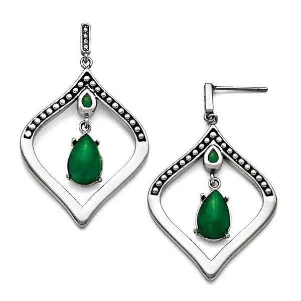 Stainless Steel Polished and Antiqued Synthetic Dyed Jade Post Earrings