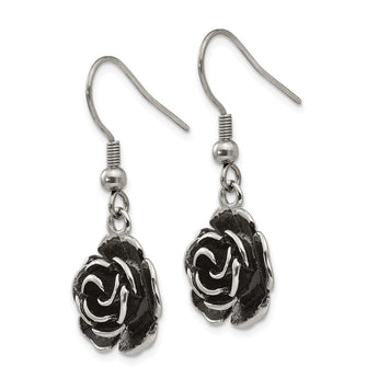 Stainless Steel Polished Antiqued Shepherd Hook Flower Earrings