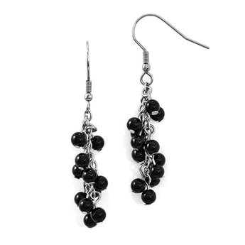 Stainless Steel Black Agate Polished Shepherd Hook Dangle Earrings