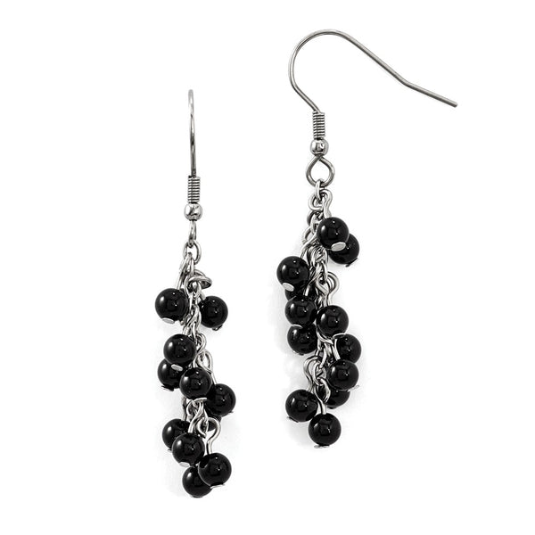 Stainless Steel Black Agate Polished Shepherd Hook Dangle Earrings