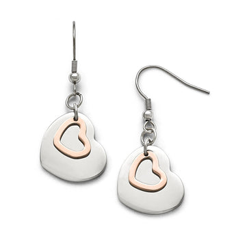 Stainless Steel Polished Rose IP-plated Hearts Shepherd Hook Earrings