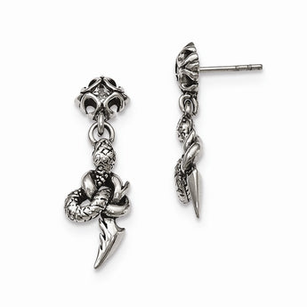 Stainless Steel Antiqued & Polished w/ CZ Snake Dangle Post Earrings