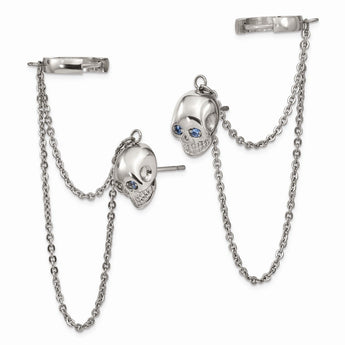 Stainless Steel Polished Double Earrings w/Hoop Chain Dangle & Blue CZ Post