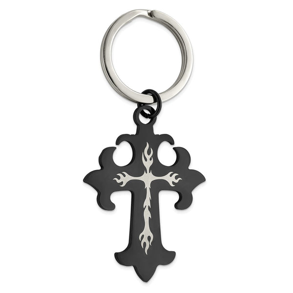 Stainless Steel Polished Black IP-plated Cross Key Chain