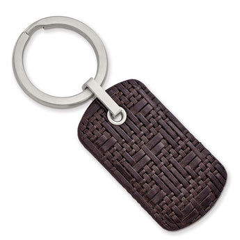 Stainless Steel Brushed Brown Woven & Stitched Leather Key Ring