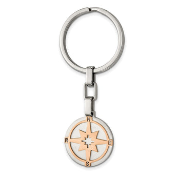 Stainless Steel Brushed and Polished Rose IP-plated Compass Key Ring