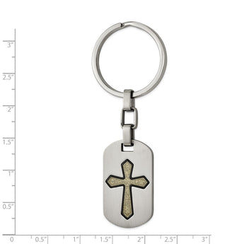 Stainless Steel Brushed and Textured Black/Yellow IP-Plated Cross Key Ring