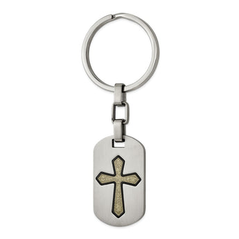 Stainless Steel Brushed and Textured Black/Yellow IP-Plated Cross Key Ring