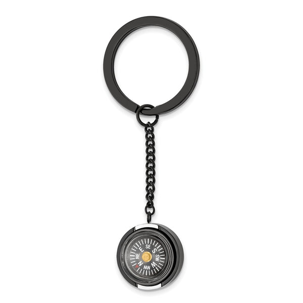 Stainless Steel Polished Black IP-plated Functional Compass Key Ring