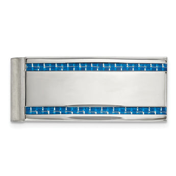 Stainless Steel Polished Blue Carbon Fiber Inlay Money Clip