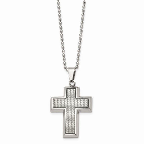 Stainless Steel Polished w/Grey Carbon Fiber Inlay Cross 22in Necklace