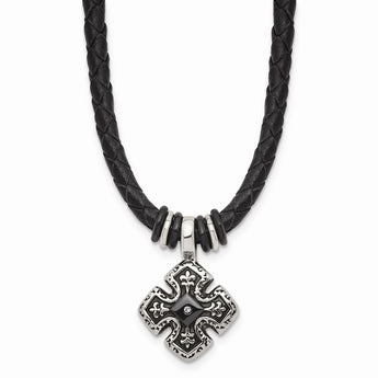 Stainless Steel Polished Black IP Braided Blk Leather CZ Necklace