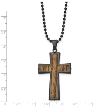 Stainless Steel Brushed Gunmetal IP-plated with Wood Inlay Cross Necklace
