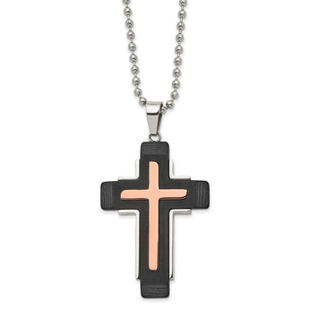 Stainless Steel Polished Rose IP & Black Carbon Fiber 22in Cross Necklace